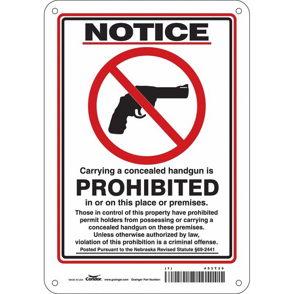 No Concealed Weapons Sign, 10 in H, 7 in W, Polyethylene, Horizontal Rectangle, English, 453T39