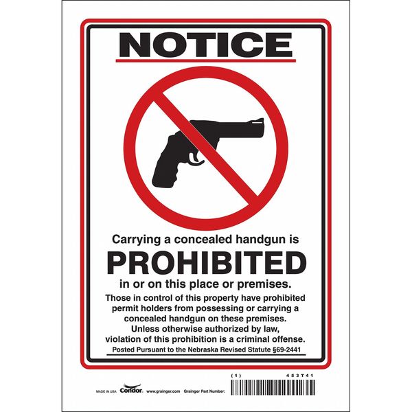 No Concealed Weapons Sign, 10 in H, 7 in W, Vinyl, Horizontal Rectangle, English, 453T41