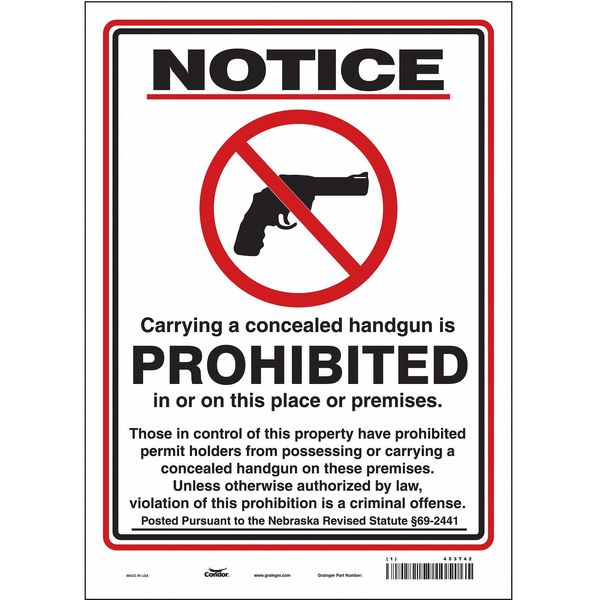 No Concealed Weapons Sign, 14 in H, 10 in W, Vinyl, Vertical Rectangle, English, 453T42