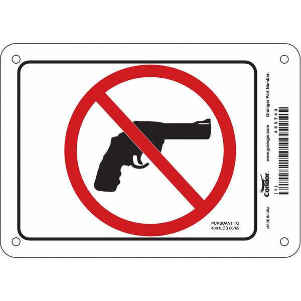 No Concealed Weapons Sign, 5 in Height, 7 in Width, Vinyl, Horizontal Rectangle, English