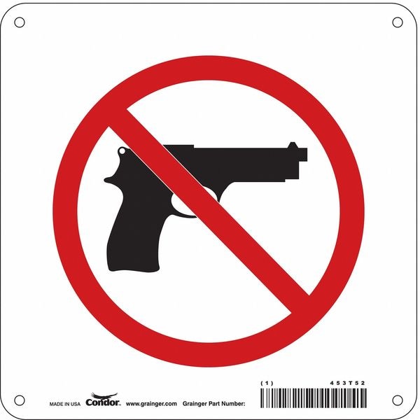 No Concealed Weapons Sign, 8 in Height, 8 in Width, Polyethylene, Square, English