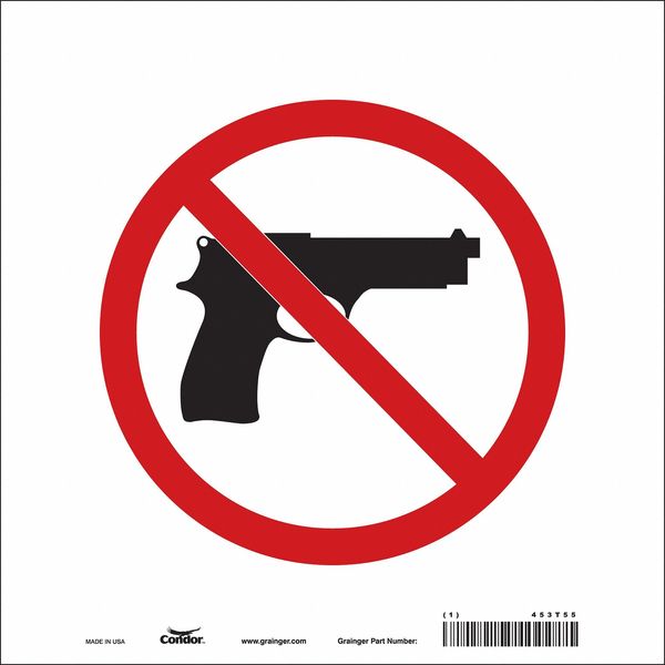 No Concealed Weapons Sign, 10 in Height, 10 in Width, Vinyl, Square, English