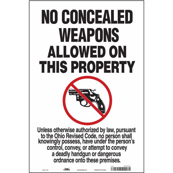 No Concealed Weapons Sign, 18 in H, 12 in W, Vinyl, Vertical Rectangle, English, 453T58