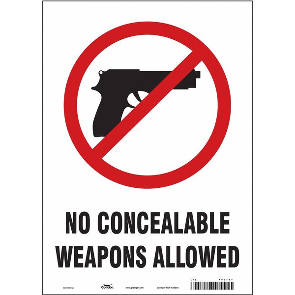 No Concealed Weapons Sign, 14 in H, 10 in W, Vinyl, Vertical Rectangle, English, 453T61