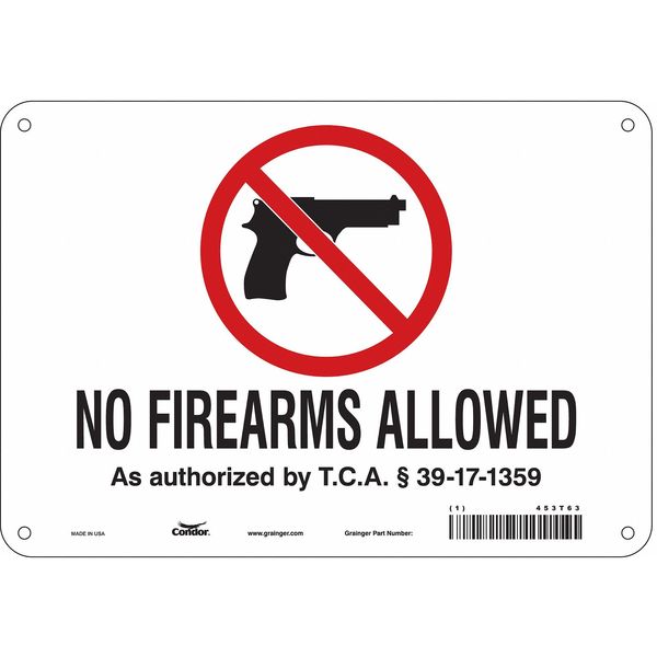 No Concealed Weapons Sign, 7 in H, 10 in W, Polyethylene, Vertical Rectangle, English, 453T63