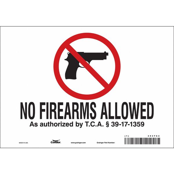No Concealed Weapons Sign, 7 in H, 10 in W, Vinyl, Vertical Rectangle, English, 453T64