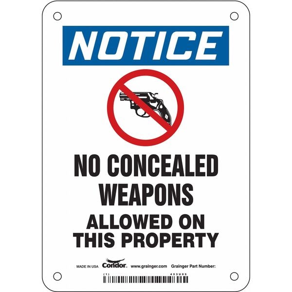 No Concealed Weapons Sign, 7 in H, 5 in W, Polyethylene, Vertical Rectangle, English, 453U05