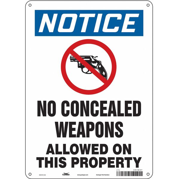 No Concealed Weapons Sign, 14 in H, 10 in W, Polyethylene, Vertical Rectangle, English, 453U07