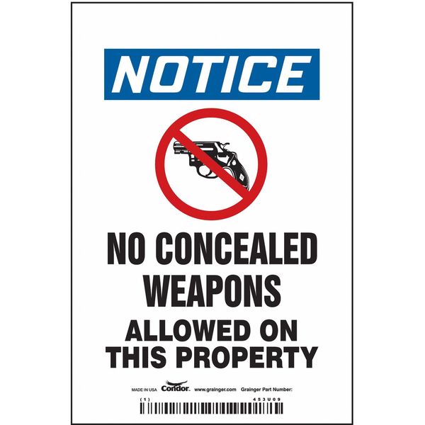 No Concealed Weapons Sign, 6 in Height, 4 in Width, Vinyl, Vertical Rectangle, English