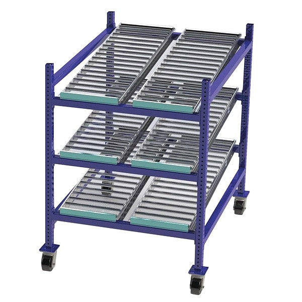 Mobile Gravity Flow Rack, 48 in D, 36 in W, 54 in H, 3 Shelves, Blue