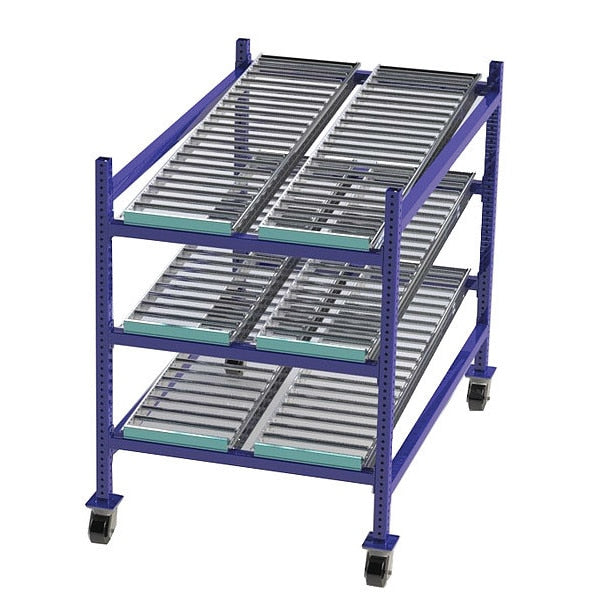 Mobile Gravity Flow Rack, 60 in D, 36 in W, 54 in H, 3 Shelves, Blue