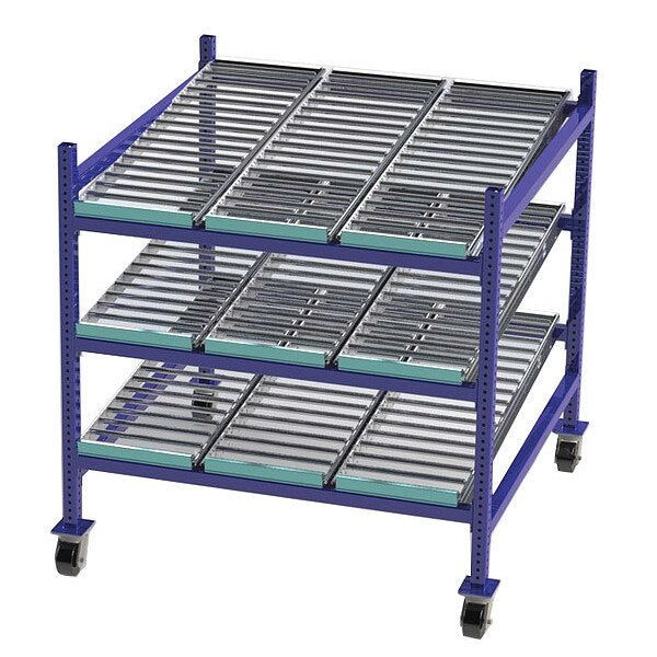Mobile Gravity Flow Rack, 48 in D, 48 in W, 54 in H, 3 Shelves, Blue
