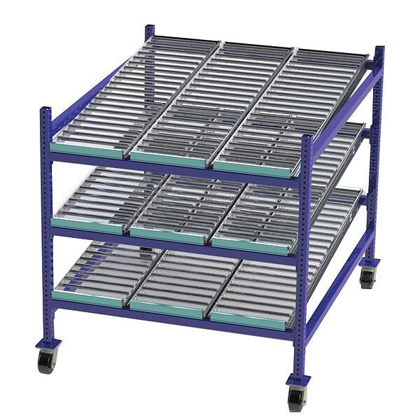 Mobile Gravity Flow Rack, 60 in D, 48 in W, 54 in H, 3 Shelves, Blue