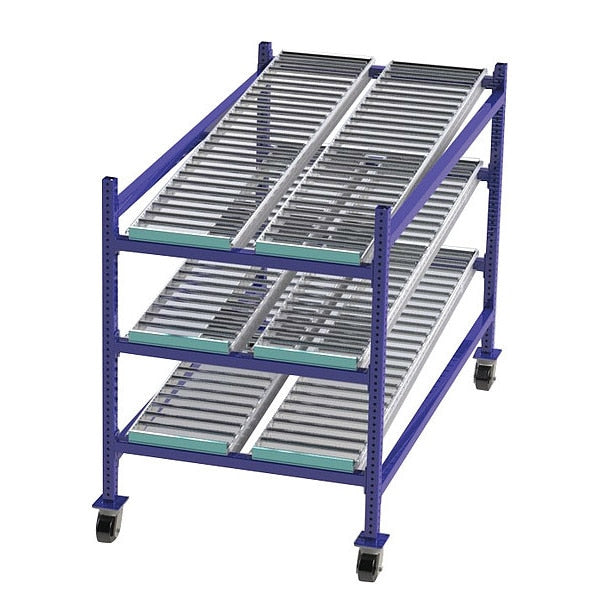 Mobile Gravity Flow Rack, 72 in D, 36 in W, 54 in H, 3 Shelves, Blue