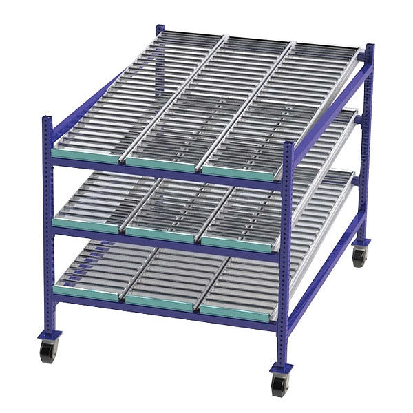 Mobile Gravity Flow Rack, 72 in D, 48 in W, 54 in H, 3 Shelves, Blue