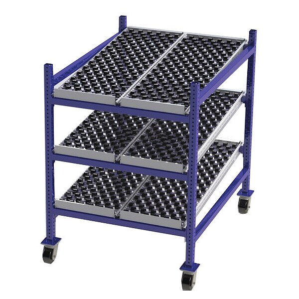 Mobile Gravity Flow Rack, 48 in D, 36 in W, 54 in H, 3 Shelves, Blue