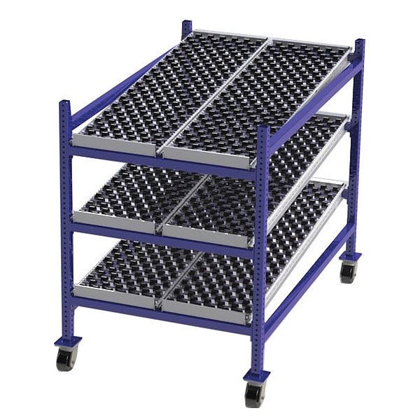 Mobile Gravity Flow Rack, 60 in D, 36 in W, 54 in H, 3 Shelves, Blue