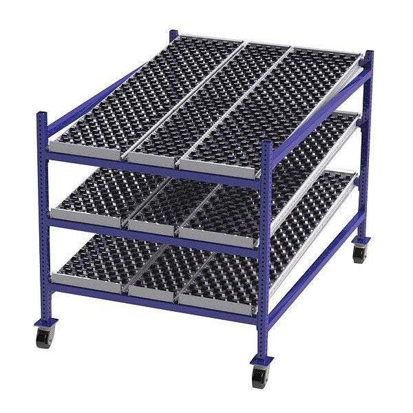 Mobile Gravity Flow Rack, 72 in D, 48 in W, 54 in H, 3 Shelves, Blue