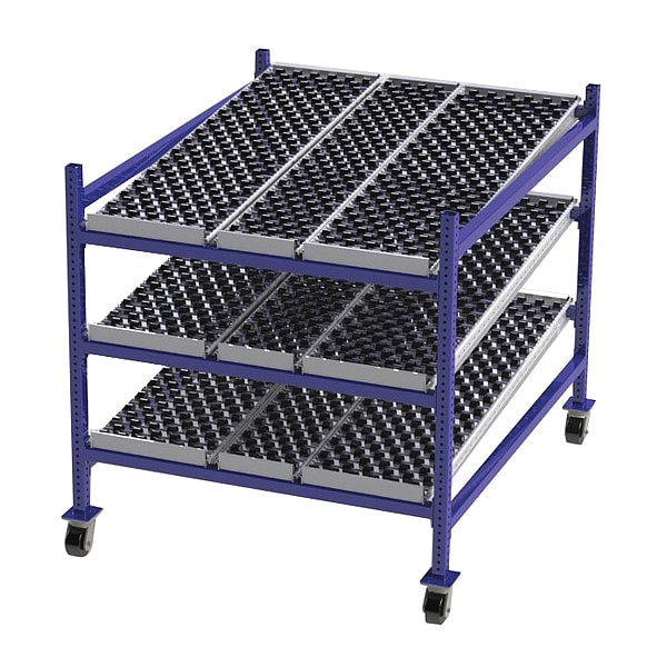 Mobile Gravity Flow Rack, 60 in D, 48 in W, 54 in H, 3 Shelves, Blue