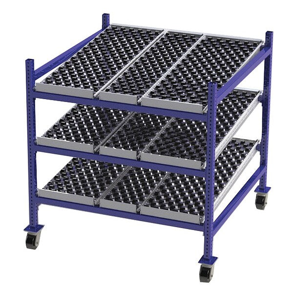 Mobile Gravity Flow Rack, 48 in D, 48 in W, 54 in H, 3 Shelves, Blue