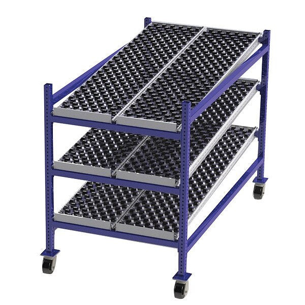 Mobile Gravity Flow Rack, 72 in D, 36 in W, 54 in H, 3 Shelves, Blue