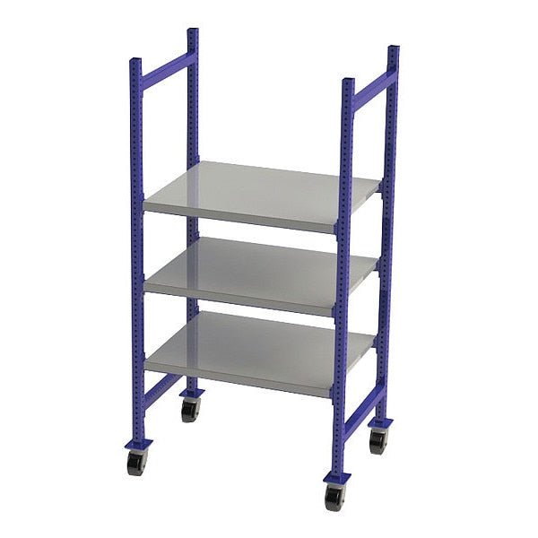 Mobile Gravity Flow Rack, 28 in D, 36 in W, 72 in H, 3 Shelves, Blue