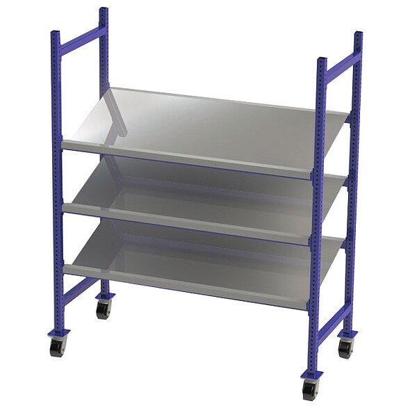 Mobile Gravity Flow Rack, 28 in D, 60 in W, 72 in H, 3 Shelves, Blue