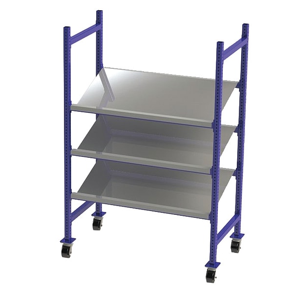 Mobile Gravity Flow Rack, 28 in D, 52 in W, 72 in H, 3 Shelves, Blue