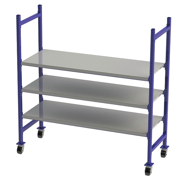 Mobile Gravity Flow Rack, 28 in D, 76 in W, 72 in H, 3 Shelves, Blue