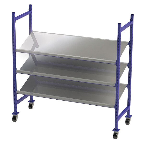 Mobile Gravity Flow Rack, 28 in D, 76 in W, 72 in H, 3 Shelves, Blue