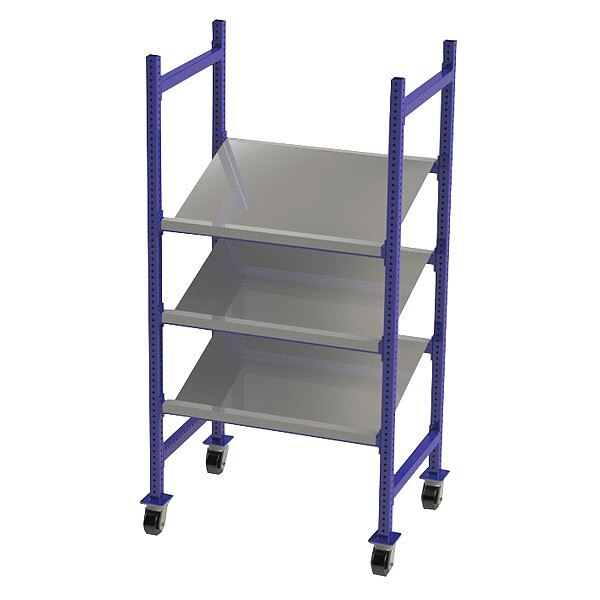 Mobile Gravity Flow Rack, 28 in D, 36 in W, 72 in H, 3 Shelves, Blue