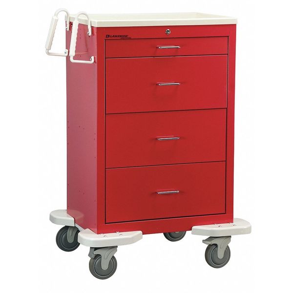 Medical Cart, 4 Drawers w/Key Lock, Red Cabinet