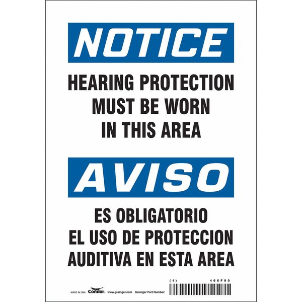 Safety Sign, 10 in Height, 7 in Width, Vinyl, Horizontal Rectangle, English, Spanish, 466F90