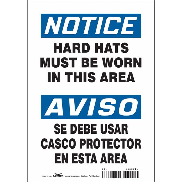 Safety Sign, 10 in Height, 7 in Width, Vinyl, Horizontal Rectangle, English, Spanish, 466N24
