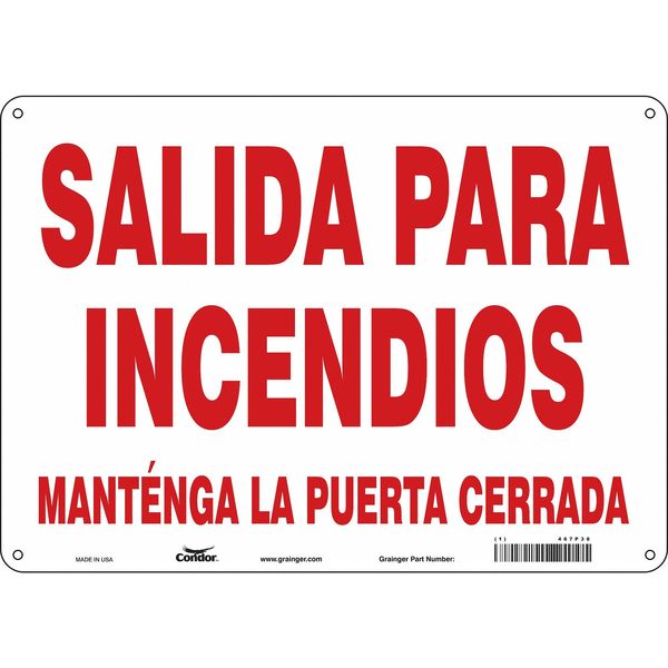 Safety Sign Emergency Exit, 10 in Height, 14 in Width, Polyethylene, Horizontal Rectangle, Spanish