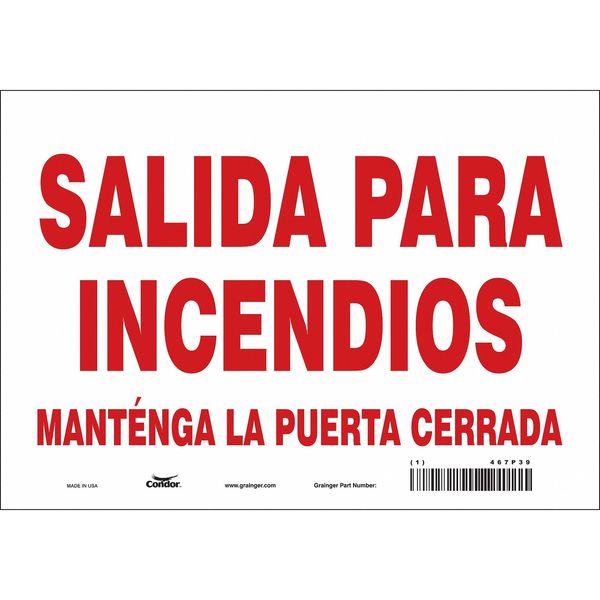 Safety Sign Emergency Exit, 7 in Height, 10 in Width, Vinyl, Vertical Rectangle, Spanish