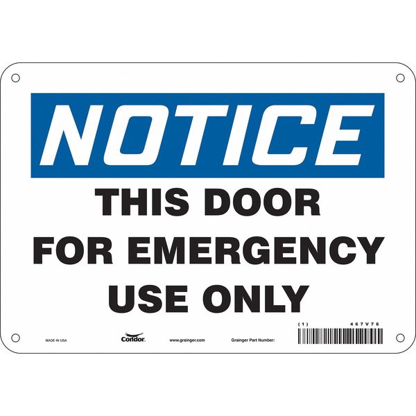 Safety Sign Emergency Exit, 7 in H, 10 in W, Polyethylene, Vertical Rectangle, English, 467V76