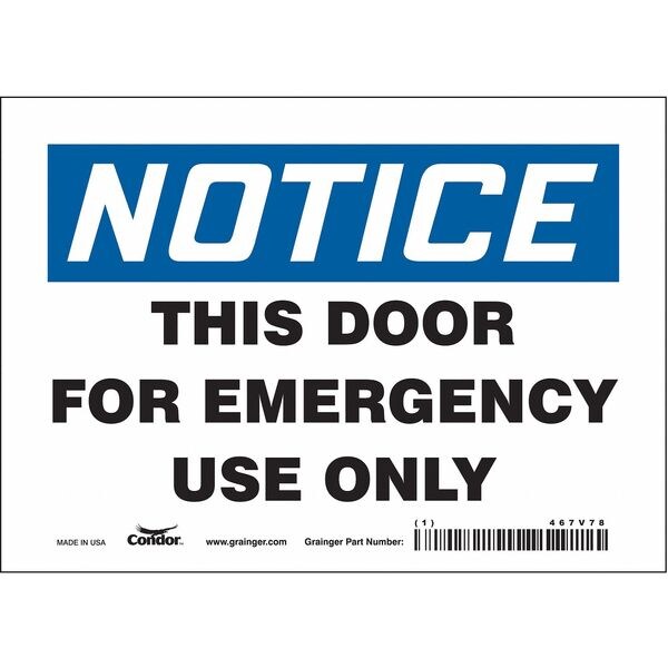 Safety Sign Emergency Exit, 5 in H, 7 in W, Vinyl, Horizontal Rectangle, English, 467V78