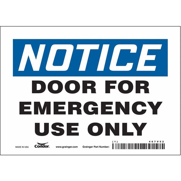 Safety Sign Emergency Exit, 5 in H, 7 in W, Vinyl, Horizontal Rectangle, English, 467V52