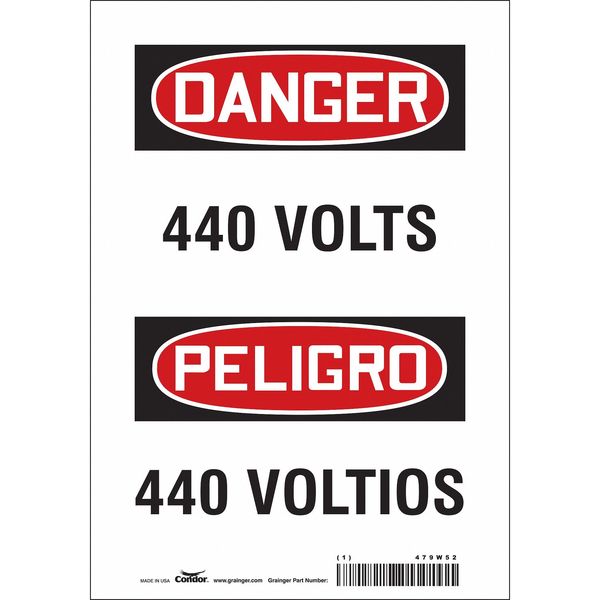 Safety Sign, 10 in Height, 7 in Width, Vinyl, Horizontal Rectangle, English, Spanish, 479W52