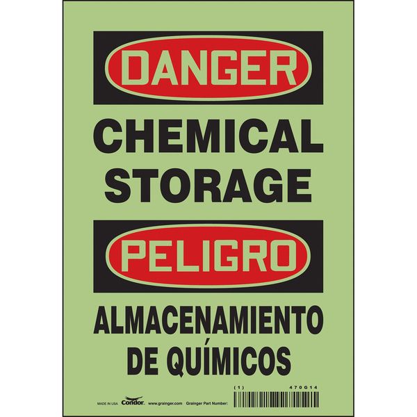 Safety Sign, 10 in H, 7 in W, Glow Vinyl, Horizontal Rectangle, English, Spanish, 470G14
