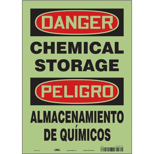 Safety Sign, 14 in H, 10 in W, Glow Vinyl, Vertical Rectangle, English, Spanish, 470G15