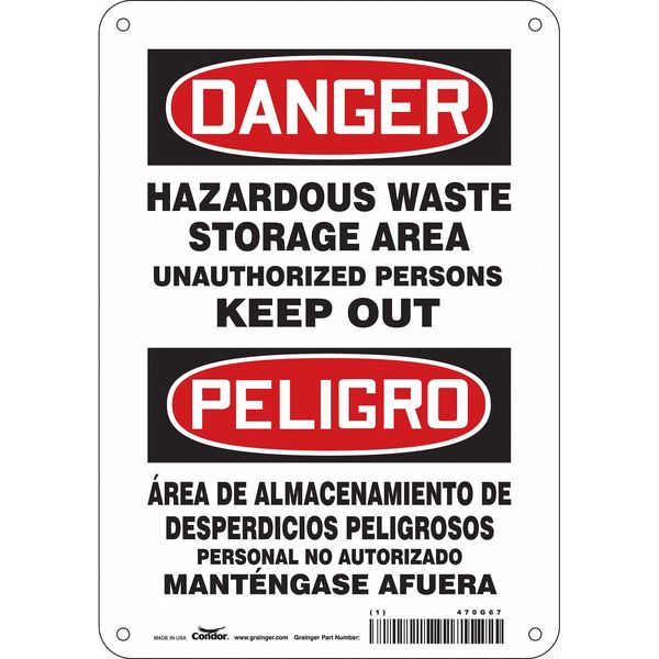 Safety Sign, 10 in H, 7 in W, Polyethylene, Horizontal Rectangle, English, Spanish, 470G67