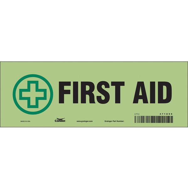 First Aid Sign, 3 1/2 in Height, 10 in Width, Glow Vinyl, Vertical Rectangle, English