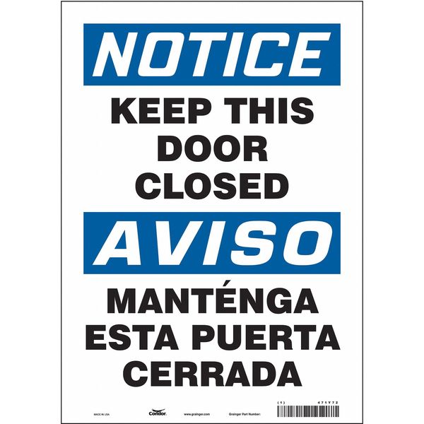 Safety Sign, 14 in Height, 10 in Width, Vinyl, Vertical Rectangle, English, Spanish, 471Y72