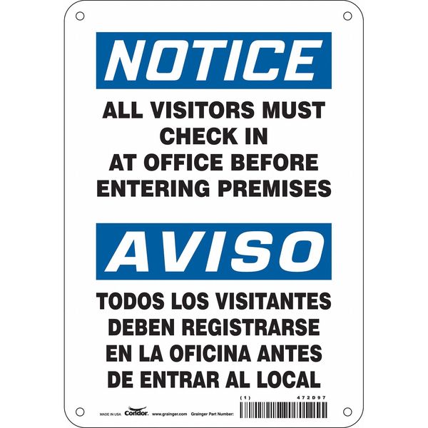Safety Sign, 10 in H, 7 in W, Polyethylene, Horizontal Rectangle, English, Spanish, 472D97
