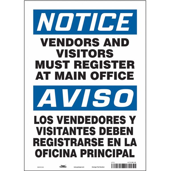 Safety Sign, 14 in Height, 10 in Width, Vinyl, Vertical Rectangle, English, Spanish, 472D36