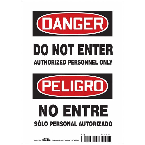Safety Sign, 10 in Height, 7 in Width, Vinyl, Horizontal Rectangle, English, Spanish, 472N17