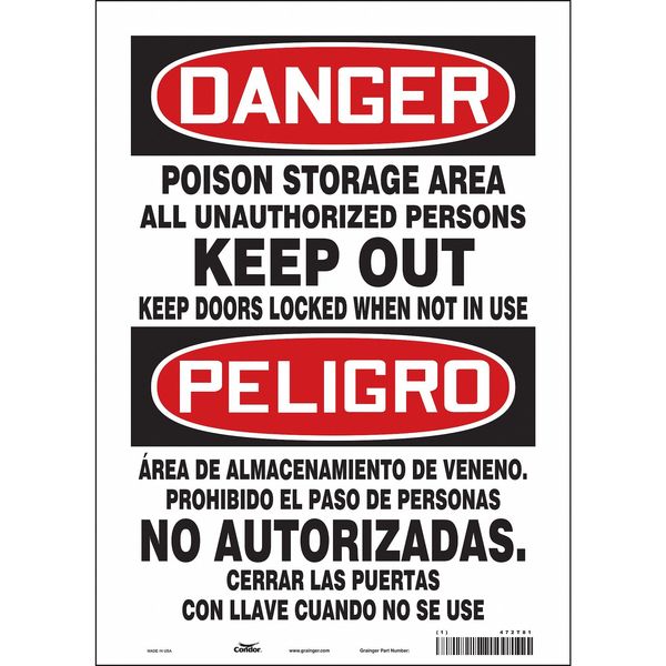 Safety Sign, 14 in H, 10 in W, Vinyl, Vertical Rectangle, English, Spanish, 472T81