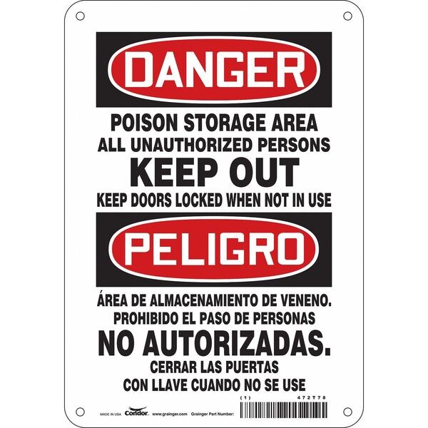 Safety Sign, 10 in H, 7 in W, Polyethylene, Horizontal Rectangle, English, Spanish, 472T78